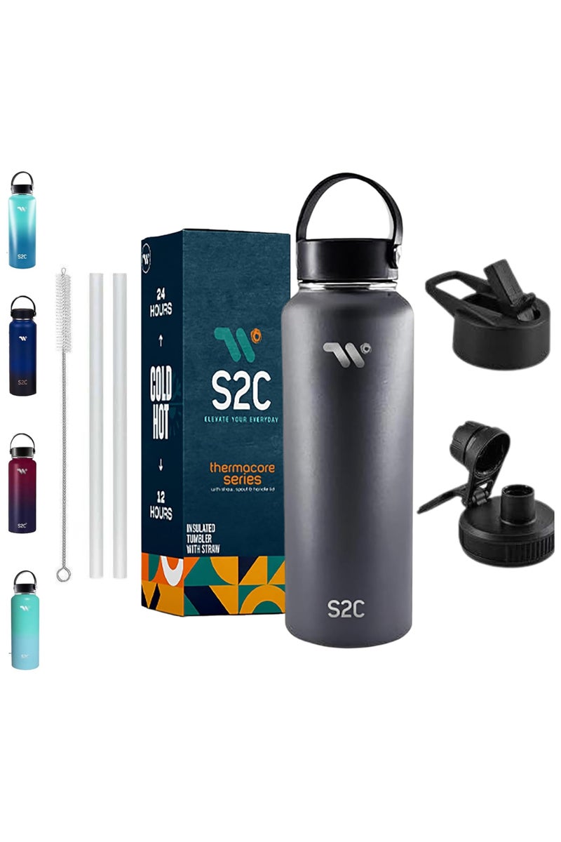 S2C 1200Ml Insulated Water Bottle With 3 Lids, Double Wall,Leak Proof, Stainless Steel Water Bottle With Straw Water Bottle For Gym, Water Bottle Thermos Flask For Hot Water Bottle (Grey) - Image 1