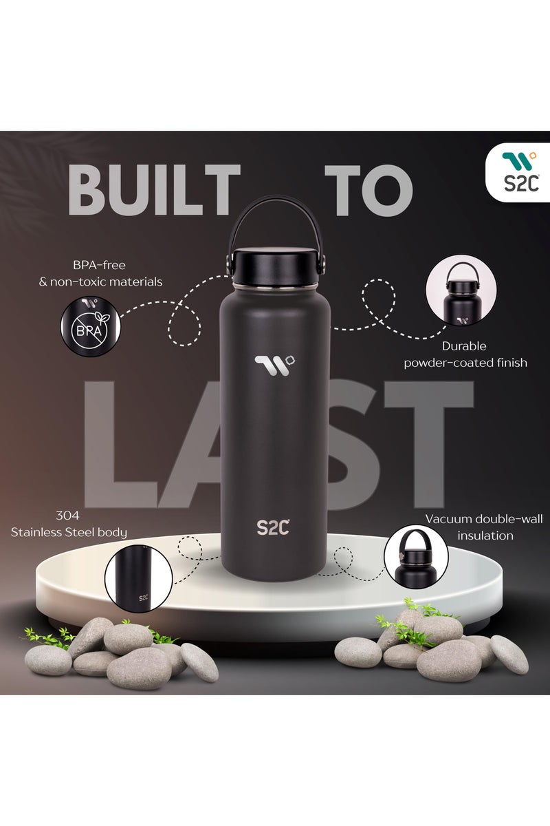 S2C 1200Ml Insulated Water Bottle With 3 Lids, Double Wall,Leak Proof, Stainless Steel Water Bottle With Straw Water Bottle For Gym, Water Bottle Thermos Flask For Hot Water Bottle (Grey) - Image 2