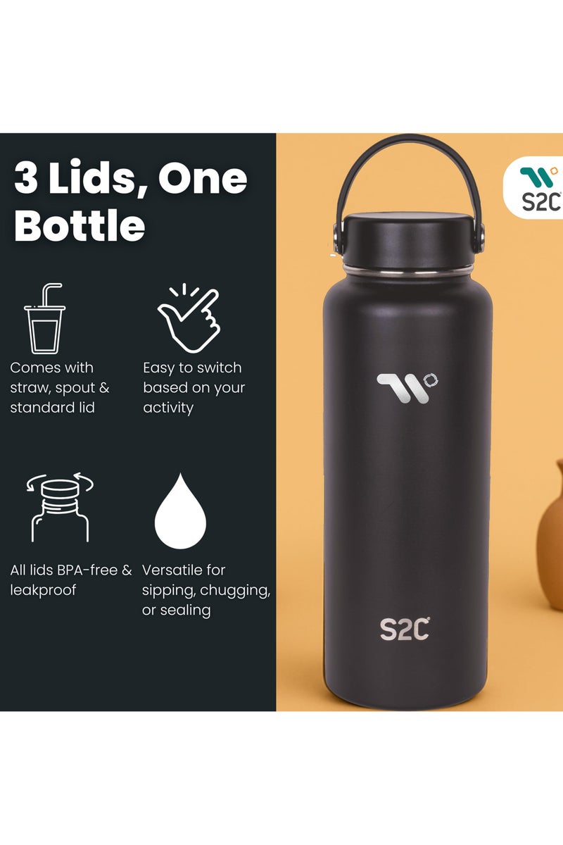 S2C 1200Ml Insulated Water Bottle With 3 Lids, Double Wall,Leak Proof, Stainless Steel Water Bottle With Straw Water Bottle For Gym, Water Bottle Thermos Flask For Hot Water Bottle (Grey) - Image 3