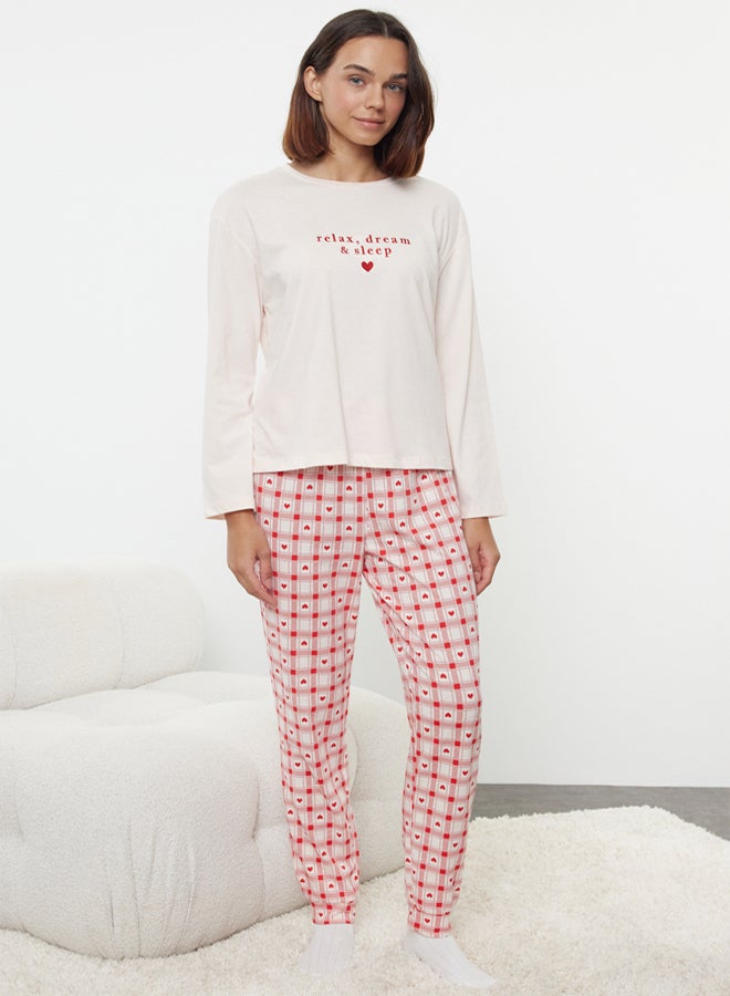 trendyol Powder 100% Cotton Slogan Embroidered Heart Plaid Knitted Pajama Set - Image 1