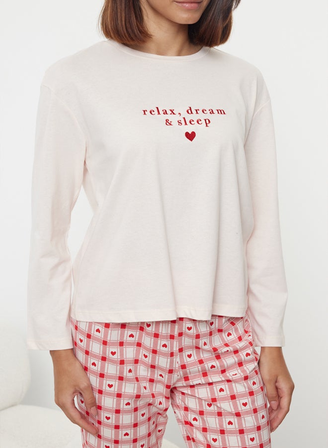 trendyol Powder 100% Cotton Slogan Embroidered Heart Plaid Knitted Pajama Set - Image 4