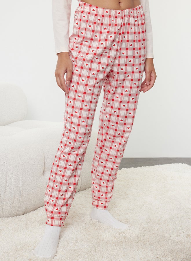 trendyol Powder 100% Cotton Slogan Embroidered Heart Plaid Knitted Pajama Set - Image 3