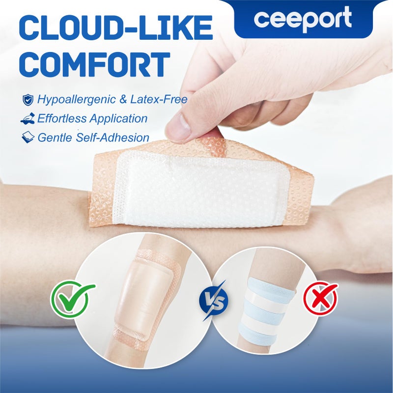 Ceeport Silicone Super Absorbent Wound Dressings 5" x 5", Adhesive Border Bandages for Heavy Exudate, Leg Ulcers, Bed Sores, 10 Pack, 3.35" Ã— 3.35" Absorbent core - Image 5