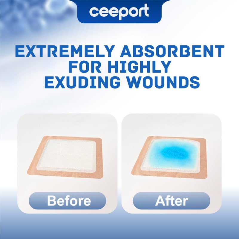 Ceeport Silicone Super Absorbent Wound Dressings 5" x 5", Adhesive Border Bandages for Heavy Exudate, Leg Ulcers, Bed Sores, 10 Pack, 3.35" Ã— 3.35" Absorbent core - Image 4