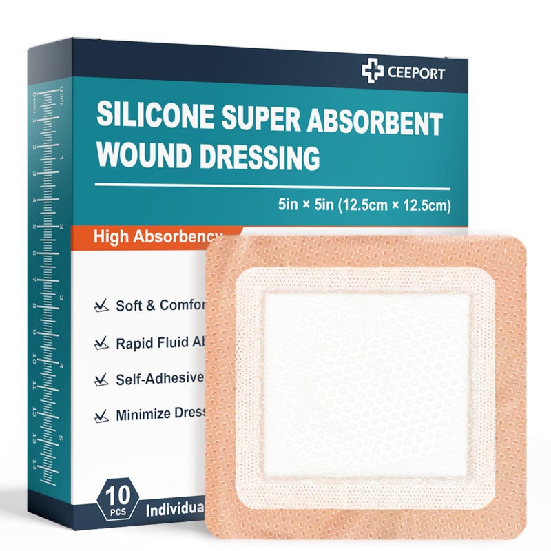 Ceeport Silicone Super Absorbent Wound Dressings 5" x 5", Adhesive Border Bandages for Heavy Exudate, Leg Ulcers, Bed Sores, 10 Pack, 3.35" Ã— 3.35" Absorbent core - Image 1