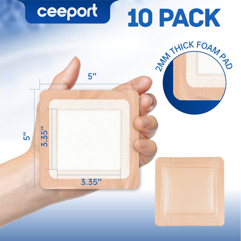 Ceeport Silicone Super Absorbent Wound Dressings 5" x 5", Adhesive Border Bandages for Heavy Exudate, Leg Ulcers, Bed Sores, 10 Pack, 3.35" Ã— 3.35" Absorbent core - Image 2