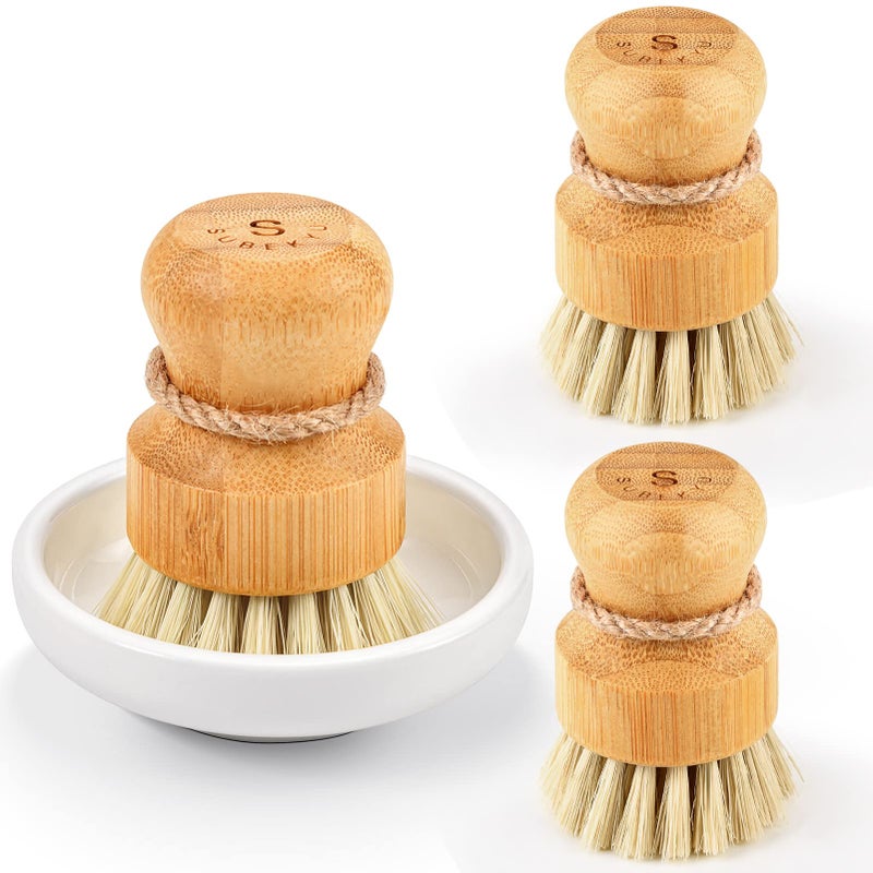 Bamboo Dish Scrub Brushes by Subekyu Kitchen Wooden Cleaning Scrubbers Set for Washing Cast Iron PanPot Natural Sisal Bristles Set of 3