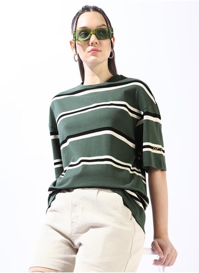 HIGH STAR Women's Multicolour 100% Cotton Striped Oversized T-Shirt  - Image 1