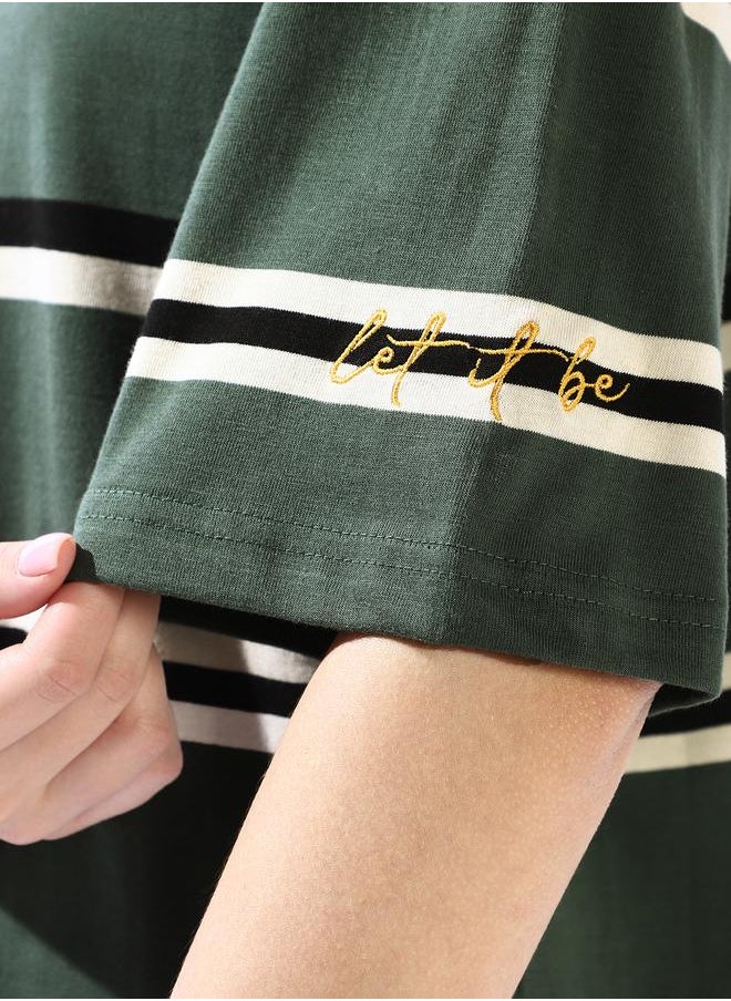 HIGH STAR Women's Multicolour 100% Cotton Striped Oversized T-Shirt  - Image 5