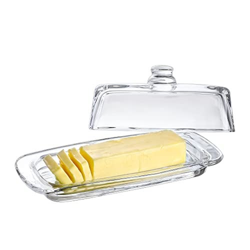 QFkris 8'' Art Glass Butter Dish with Lid,Classic Covered 2-Piece Butter Container For Countertop,Multi-Purpose Preserving Serving Dessert Tray Bowl,Dishwasher Safe - Image 1