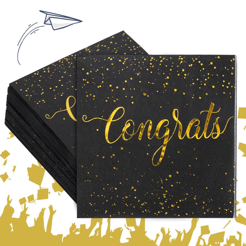 Whaline مناديل ورقية تهنئة 80 عبوة من واهلين 5 × 5 بوصة مع ورق ذهبى لتهنئة حفلات الكوكتيل حفلة تخرج سوداء مناديل مشروبات قابلة للتصرف لحفلات الخطوبة والتخرج وحفلات استقبال المواليد. - Image 3