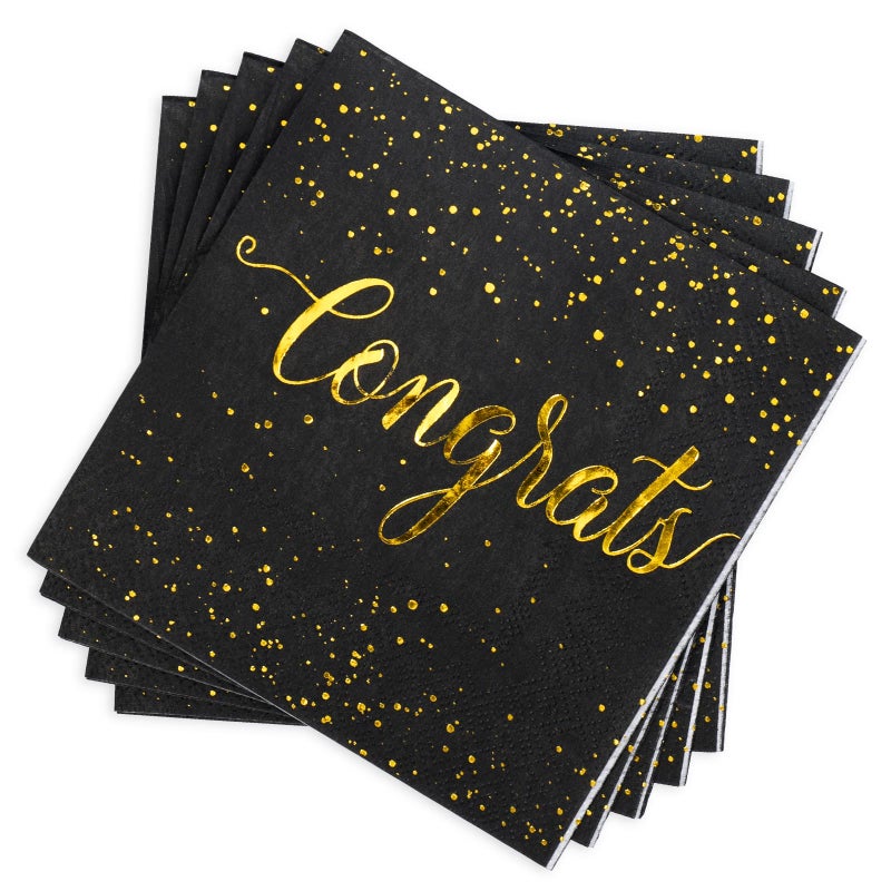 Whaline مناديل ورقية تهنئة 80 عبوة من واهلين 5 × 5 بوصة مع ورق ذهبى لتهنئة حفلات الكوكتيل حفلة تخرج سوداء مناديل مشروبات قابلة للتصرف لحفلات الخطوبة والتخرج وحفلات استقبال المواليد. - Image 1