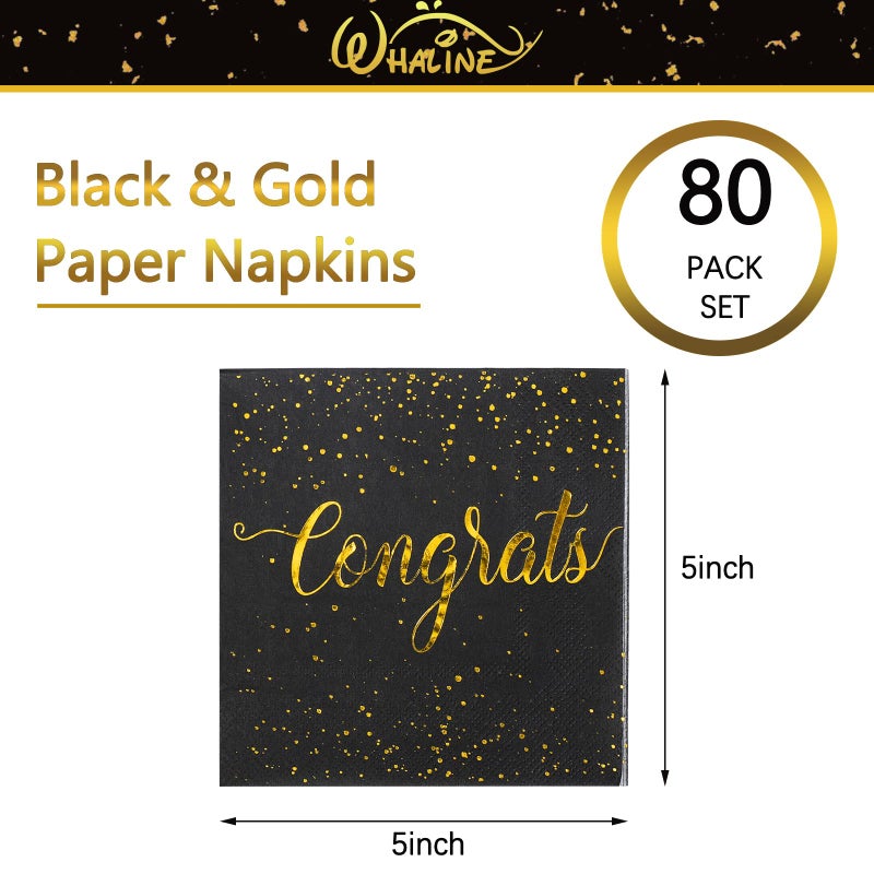 Whaline مناديل ورقية تهنئة 80 عبوة من واهلين 5 × 5 بوصة مع ورق ذهبى لتهنئة حفلات الكوكتيل حفلة تخرج سوداء مناديل مشروبات قابلة للتصرف لحفلات الخطوبة والتخرج وحفلات استقبال المواليد. - Image 2