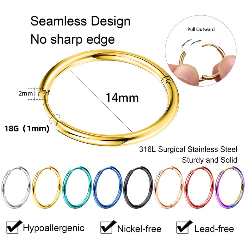 Jstyle 8 Pairs 316L Surgical Stainless Steel Multicolor Small Hoop Earrings for Men Women, 18G, 14mm Inner Diameter - Image 2