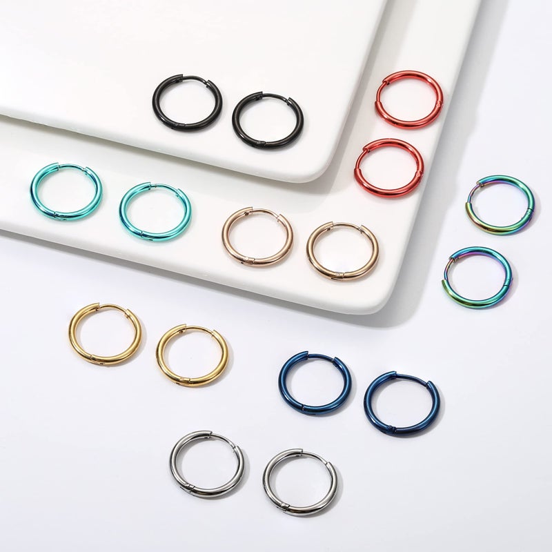 Jstyle 8 Pairs 316L Surgical Stainless Steel Multicolor Small Hoop Earrings for Men Women, 18G, 14mm Inner Diameter - Image 3