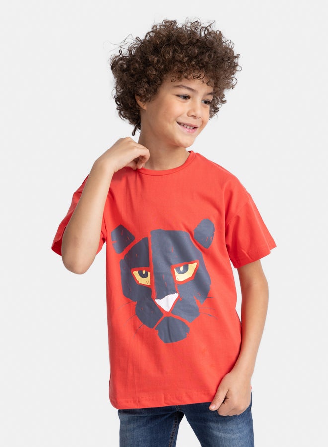 تي شيرت أحمر بطيخي للأولاد بطبعة على الصدر