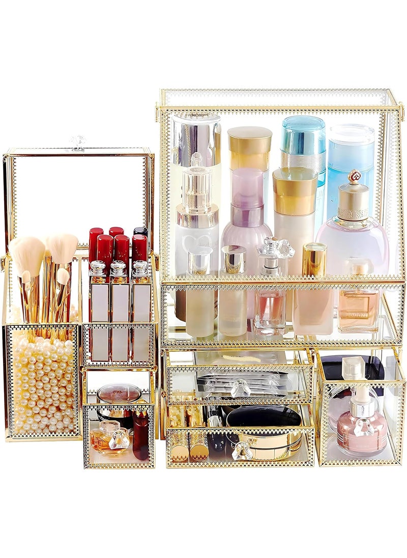 CONHENCI Large Glass Makeup Organizer Drawer Set Beauty Storage Bathroom Counter Organizer Cosmetic Display (11.5inx8.5inx5.5in) 