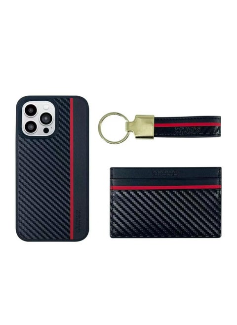 Hazel 3-in-1 Business Classic Set with Card Bag, Key Ring and Genuine Back Case for Apple, Carbon Fiber Pattern Leather Set with Wallet, Keyring and Phone Case iPhone 14 Pro Max - Black