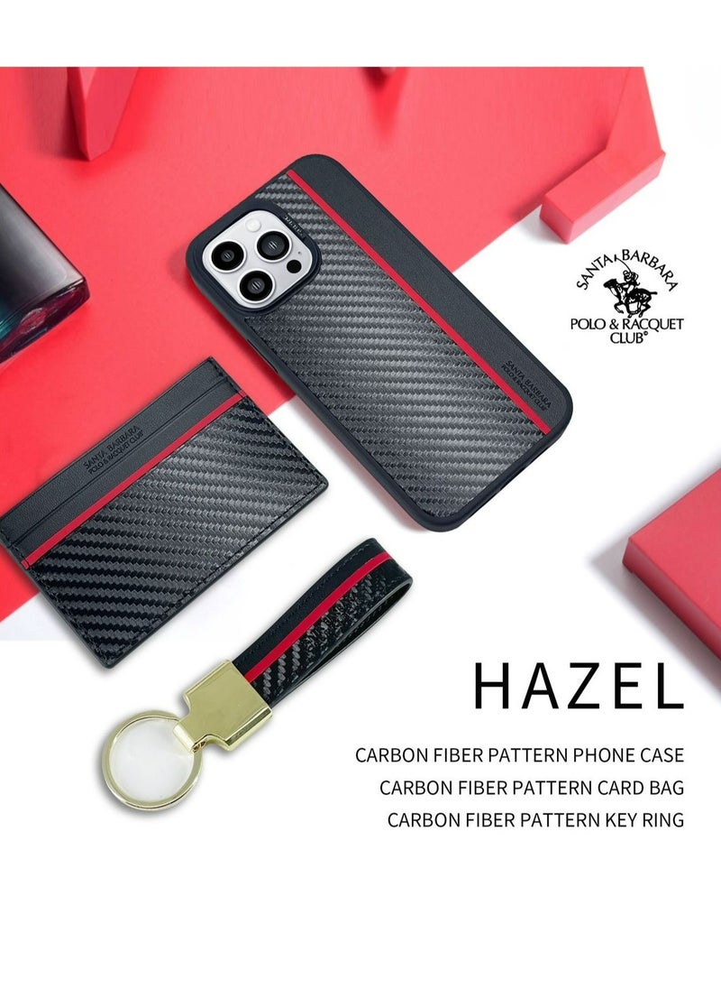 SANTA BARBARA POLO & RACQUET CLUB - Hazel 3-in-1 Business Classic Set with Card Bag, Key Ring and Genuine Back Case for Apple, Carbon Fiber Pattern Leather Set with Wallet, Keyring and Phone Case iPhone 14 Pro Max - Black - Image 1
