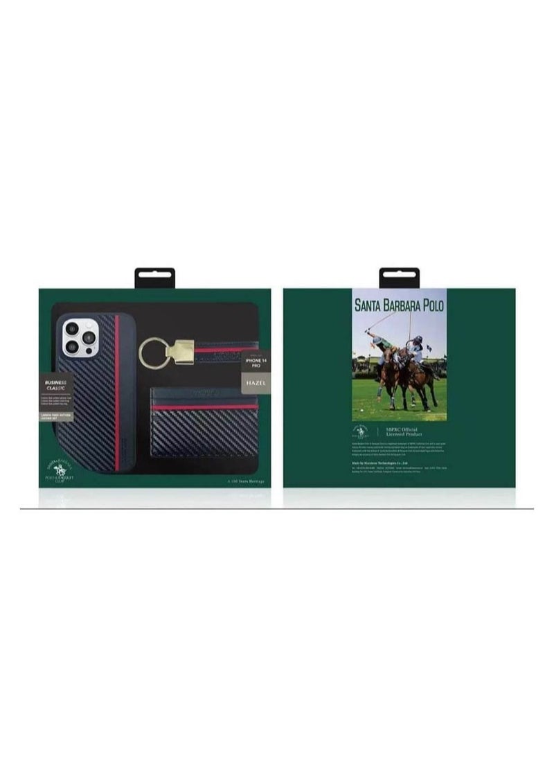 SANTA BARBARA POLO & RACQUET CLUB - Hazel 3-in-1 Business Classic Set with Card Bag, Key Ring and Genuine Back Case for Apple, Carbon Fiber Pattern Leather Set with Wallet, Keyring and Phone Case iPhone 14 Pro Max - Black - Image 1