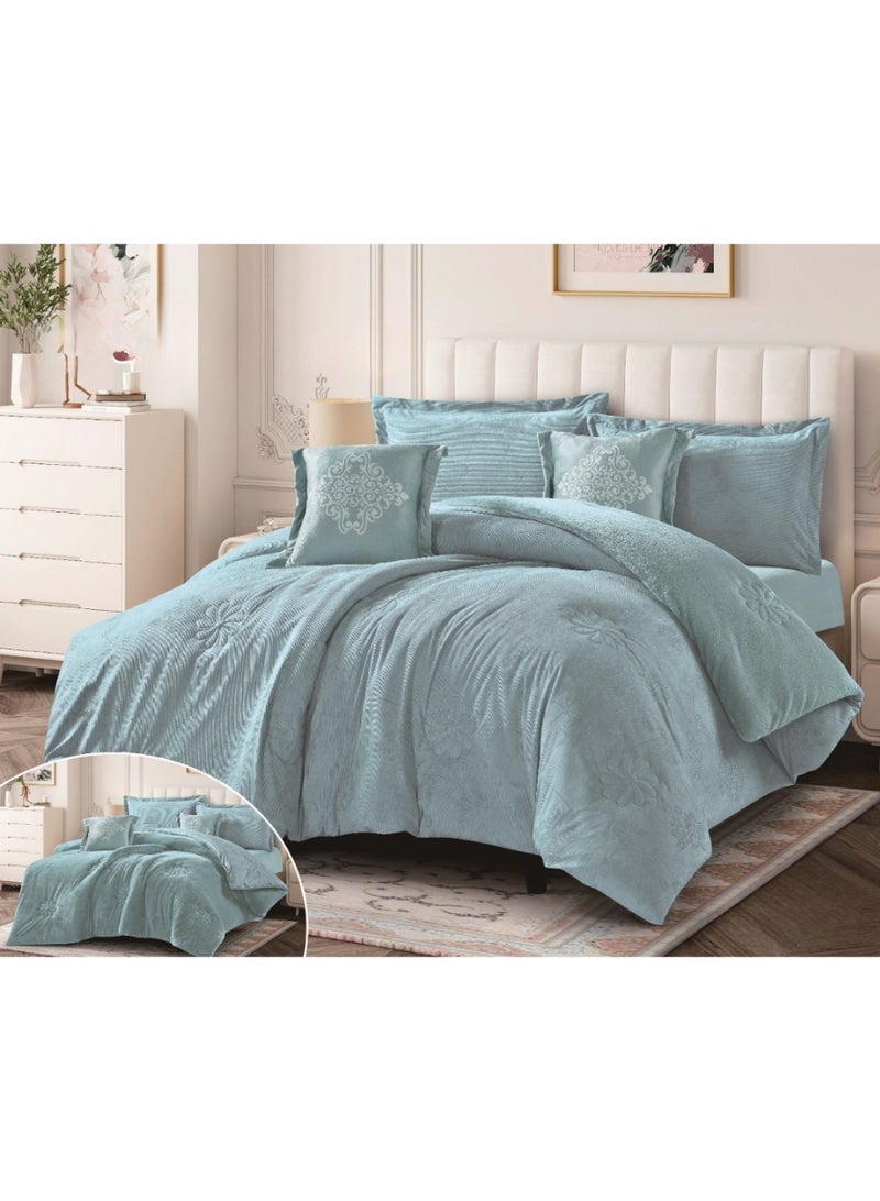 SMART HOME Double-sided winter Comforter (velvet and faux fur) with shiny jacquard patterns –6-piece Luxurious full double duvet set includes a 250x230 cm duvet cover, a 200x200+30 cm fitted sheet, two 50x75+5 cm pillowcases, and two 45x45+5 cm square pillowcases – Elegant, soft, and warm hotel-style bedding. - Image 1