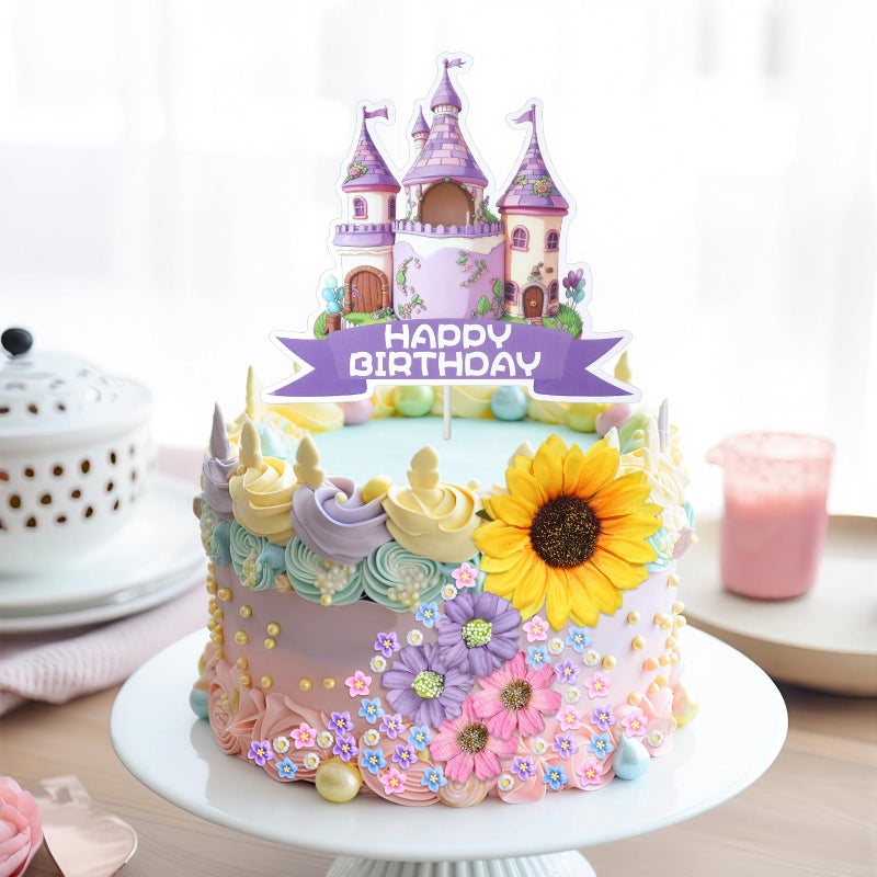 AceOrbit 66 Pcs Cartoon Princess Cake Toppers Set Purple and Gold Princess Themed Birthday Party Decorations Easy to Use Happy Birthday Cake Decorations for Magical Fairytale Party Supplies - Image 1