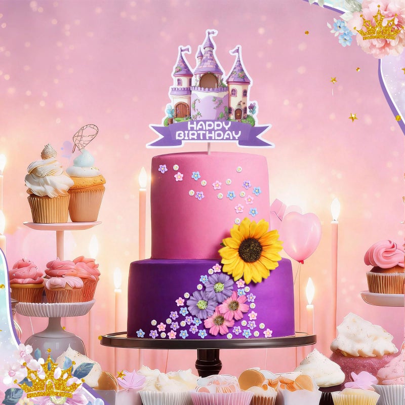 AceOrbit 66 Pcs Cartoon Princess Cake Toppers Set Purple and Gold Princess Themed Birthday Party Decorations Easy to Use Happy Birthday Cake Decorations for Magical Fairytale Party Supplies - Image 5