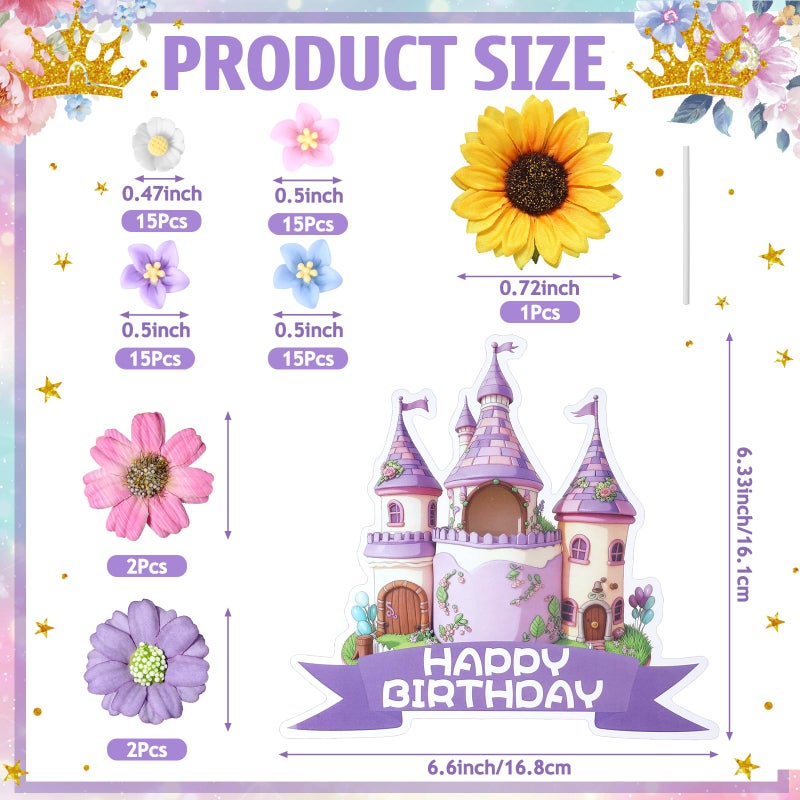 AceOrbit 66 Pcs Cartoon Princess Cake Toppers Set Purple and Gold Princess Themed Birthday Party Decorations Easy to Use Happy Birthday Cake Decorations for Magical Fairytale Party Supplies - Image 2
