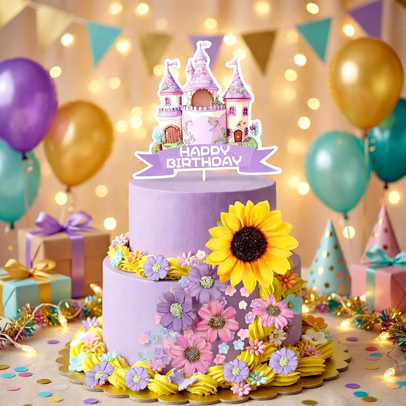 AceOrbit 66 Pcs Cartoon Princess Cake Toppers Set Purple and Gold Princess Themed Birthday Party Decorations Easy to Use Happy Birthday Cake Decorations for Magical Fairytale Party Supplies - Image 3