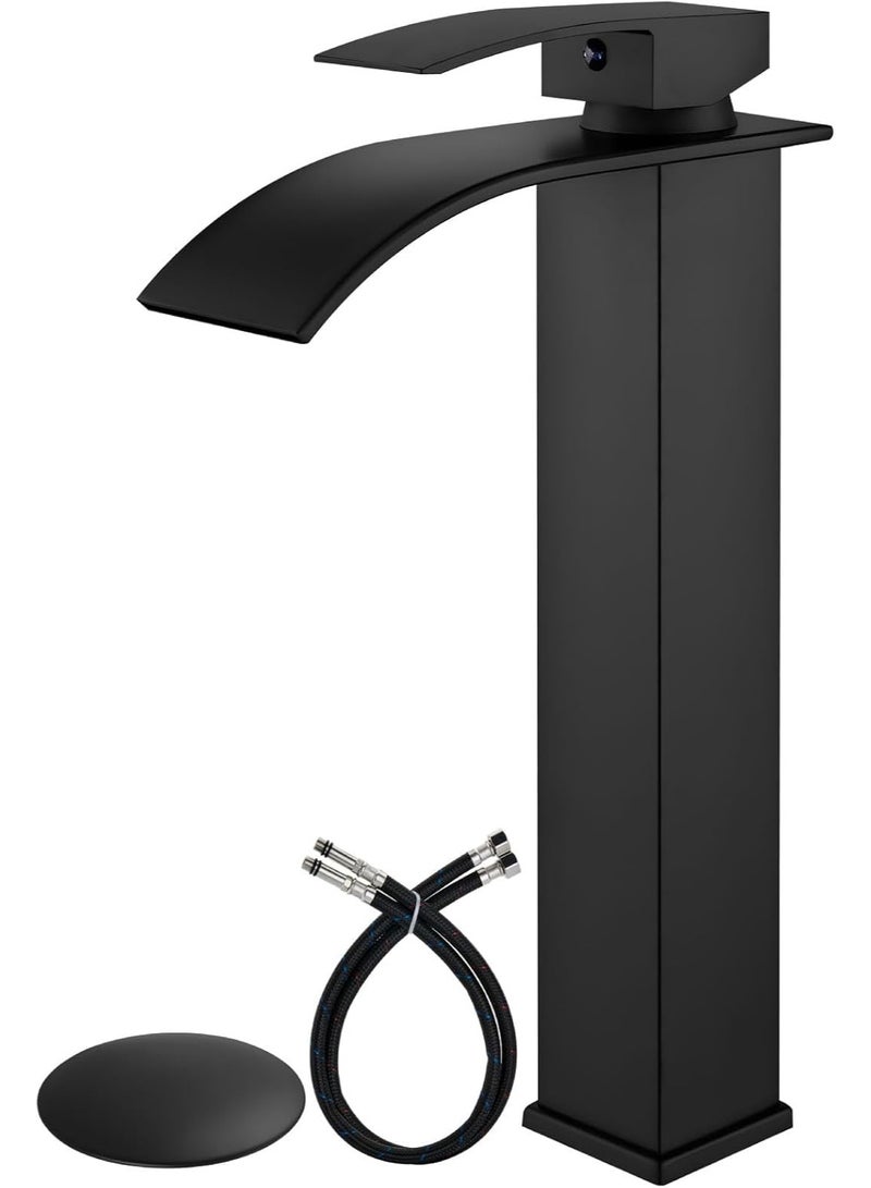 Matte Black Waterfall Bathroom Faucet – Modern Tall Single Handle Basin Mixer Tap, Luxury Deck Mounted Sink Faucet with Hot & Cold Water for Bathroom Vanity - Image 1