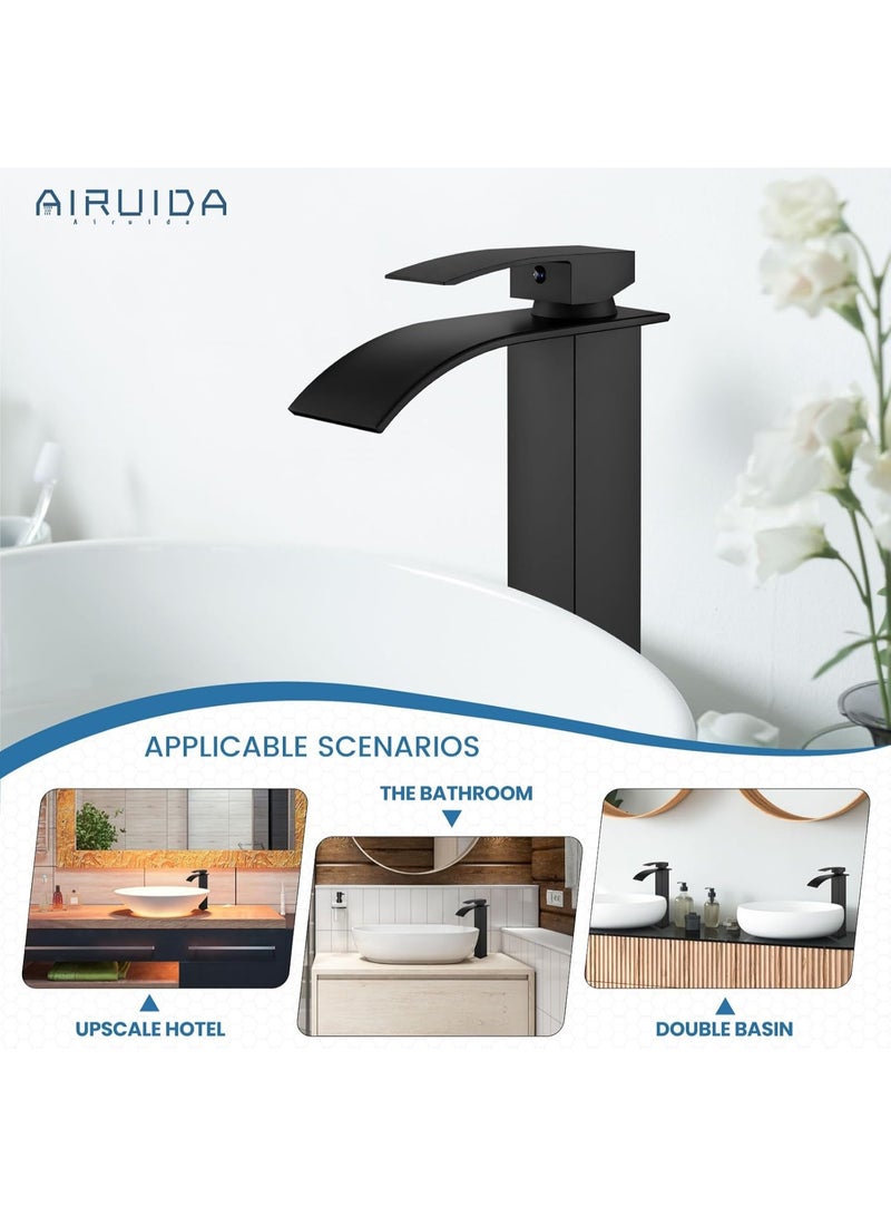 Matte Black Waterfall Bathroom Faucet – Modern Tall Single Handle Basin Mixer Tap, Luxury Deck Mounted Sink Faucet with Hot & Cold Water for Bathroom Vanity - Image 4