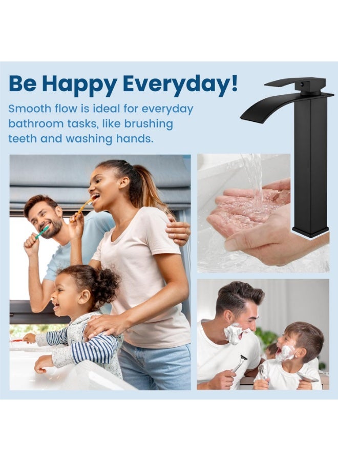 Matte Black Waterfall Bathroom Faucet – Modern Tall Single Handle Basin Mixer Tap, Luxury Deck Mounted Sink Faucet with Hot & Cold Water for Bathroom Vanity - Image 5