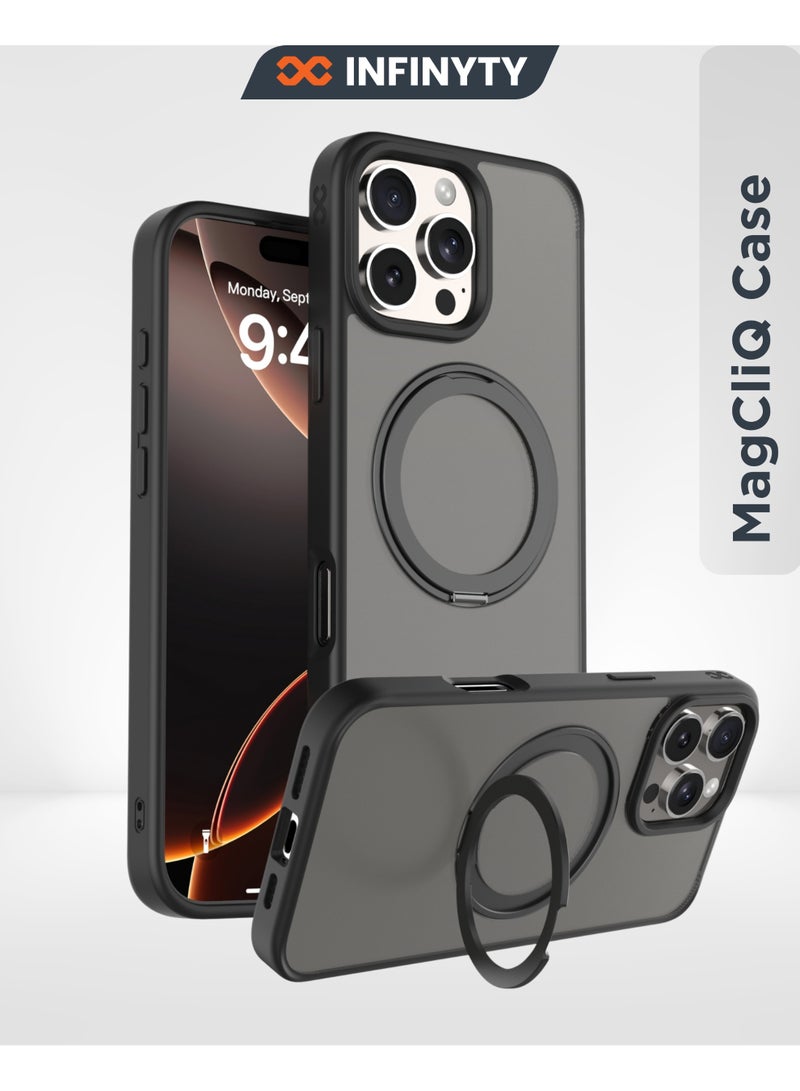 INFINYTY iPhone 16 Pro Case with 360° Built-in Ring Stand – Pristine (Black Titanium), Sleek & Functional Design, MagSafe Compatible, Shock Absorption, Precision Fit, Scratch Protection, Mil. Grade Drop-Tested - Image 1