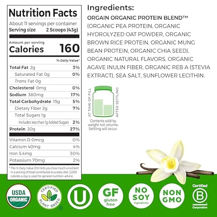 Orgain Organic Vegan Protein Powder + Oat Milk, Vanilla Bean - 20g Plant Based Protein, Gluten Free, No Dairy, Soy or Lactose Ingredients, Low Sugar, Non-GMO, Kosher, For Shakes & Smoothies - 1.05lb - Image 2