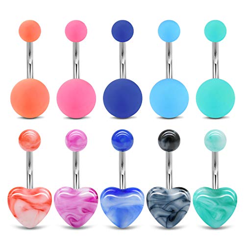 MODRSA Belly Button Rings Belly Rings Surgical Stainless Steel Belly Ring Cute Heart Belly Piercing Colorful Navel Rings for Women - Image 1