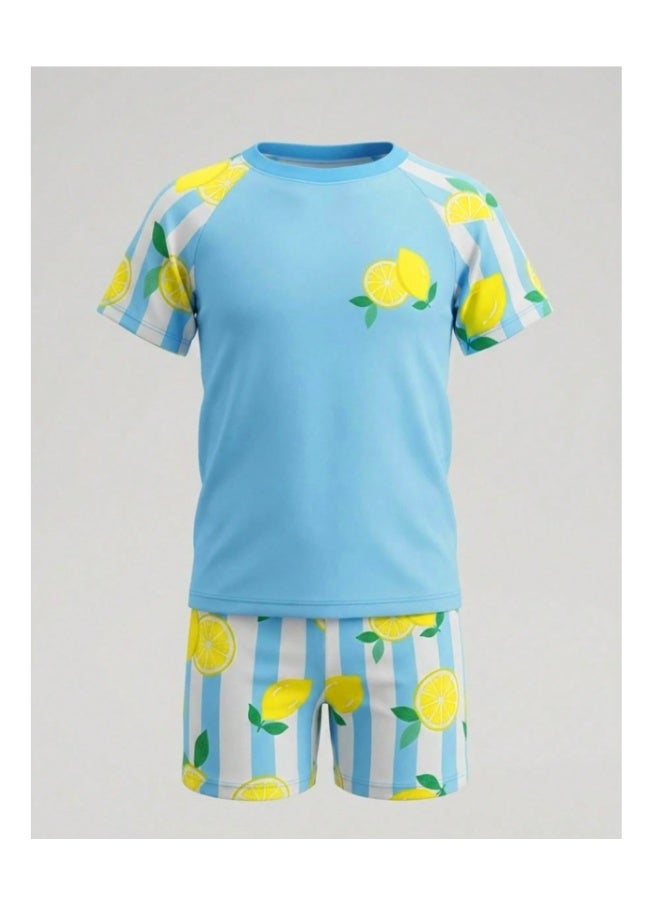 Swimsuit set with light blue and yellow sea lemon prints for boys (3-4 years old) - Image 3