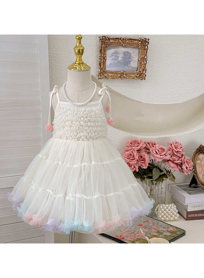 White Ruffled Bodice Tulle Princess Dress with Rainbow Hem for Toddler Girls, Perfect for Birthday Parties, Photo Shoots & Special Occasions, Fits Height 90–100 cm (2–3 Y, 12–15 kg), Soft Polyester  - Image 1