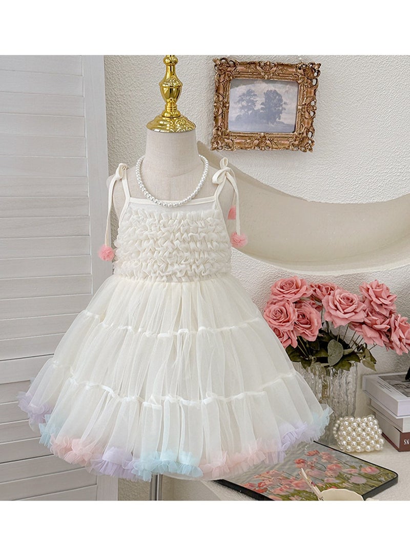 White Ruffled Bodice Tulle Princess Dress with Rainbow Hem for Toddler Girls, Perfect for Birthday Parties, Photo Shoots & Special Occasions, Fits Height 90–100 cm (2–3 Y, 12–15 kg), Soft Polyester  - Image 4