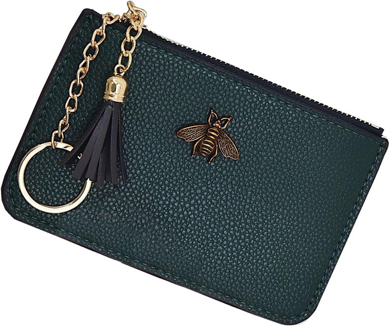 AnnabelZ Women's Coin Purse Change Wallet Pouch Leather Card Holder with Key Chain Tassel Zip (Dark Green) - Image 1