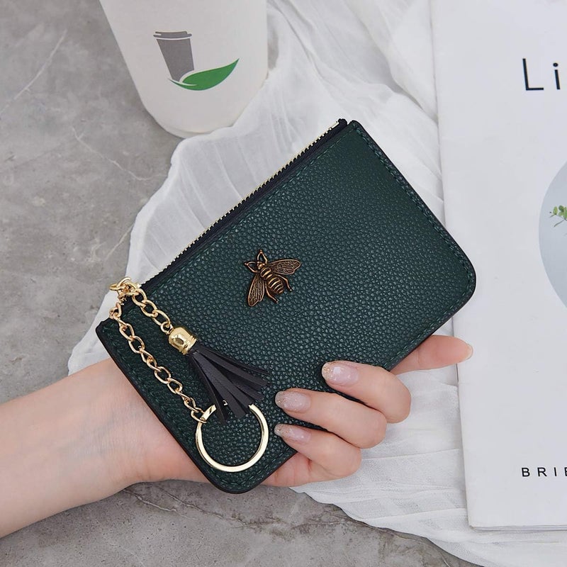 AnnabelZ Women's Coin Purse Change Wallet Pouch Leather Card Holder with Key Chain Tassel Zip (Dark Green) - Image 2