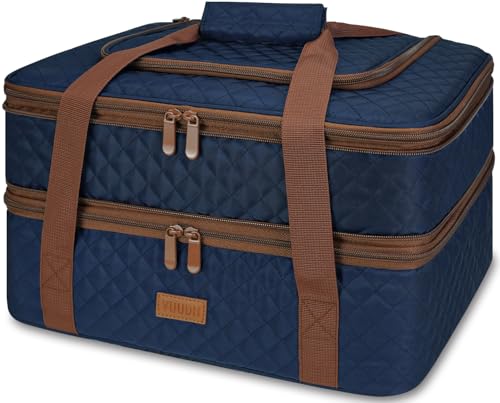 Vuudh Quilted Insulated Double Casserole Carrier Thermal Lunch Tote for Potluck Parties Picnic Beach Fits 9 x 17 Inches Baking Dish Casserole Dish Expandable Blue - Image 1