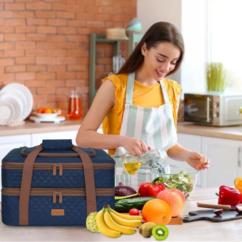 Vuudh Quilted Insulated Double Casserole Carrier Thermal Lunch Tote for Potluck Parties Picnic Beach Fits 9 x 17 Inches Baking Dish Casserole Dish Expandable Blue - Image 3