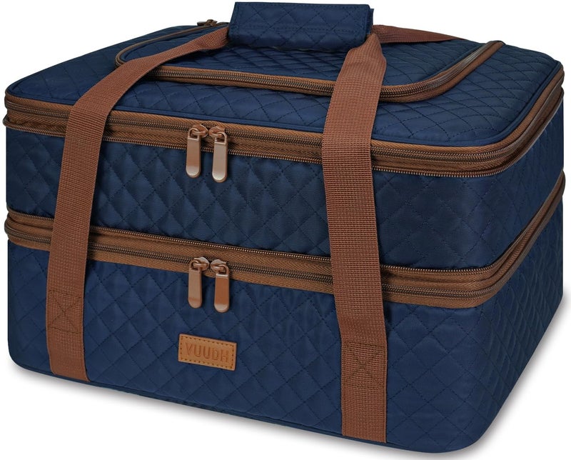 Vuudh Quilted Insulated Double Casserole Carrier Thermal Lunch Tote for Potluck Parties Picnic Beach Fits 9 x 17 Inches Baking Dish Casserole Dish Expandable Blue - Image 2