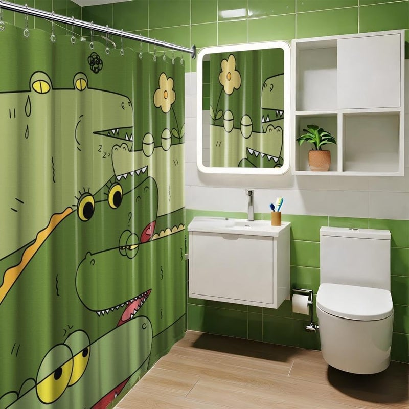 dueeia Alligator Shower Curtain for Kids Funny Cartoon Animal Green Crocodile Shower Curtains for Bathroom Decor Sets, Waterproof Fabric with Hooks, Waterproof Fabric 60 x 72 inch with Hooks - Image 3