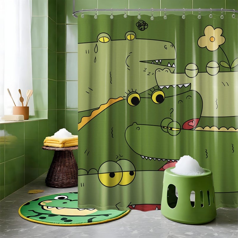dueeia Alligator Shower Curtain for Kids Funny Cartoon Animal Green Crocodile Shower Curtains for Bathroom Decor Sets, Waterproof Fabric with Hooks, Waterproof Fabric 60 x 72 inch with Hooks - Image 1