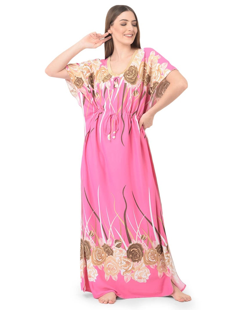 Noty Store Noty Satin Women's Kaftan Nighty | Floral Print Maxi | Sarena Fabric | Short Slevees Nightie | Nightgown For Girls & Women (Free Size, Flamingo Pink) - Image 1