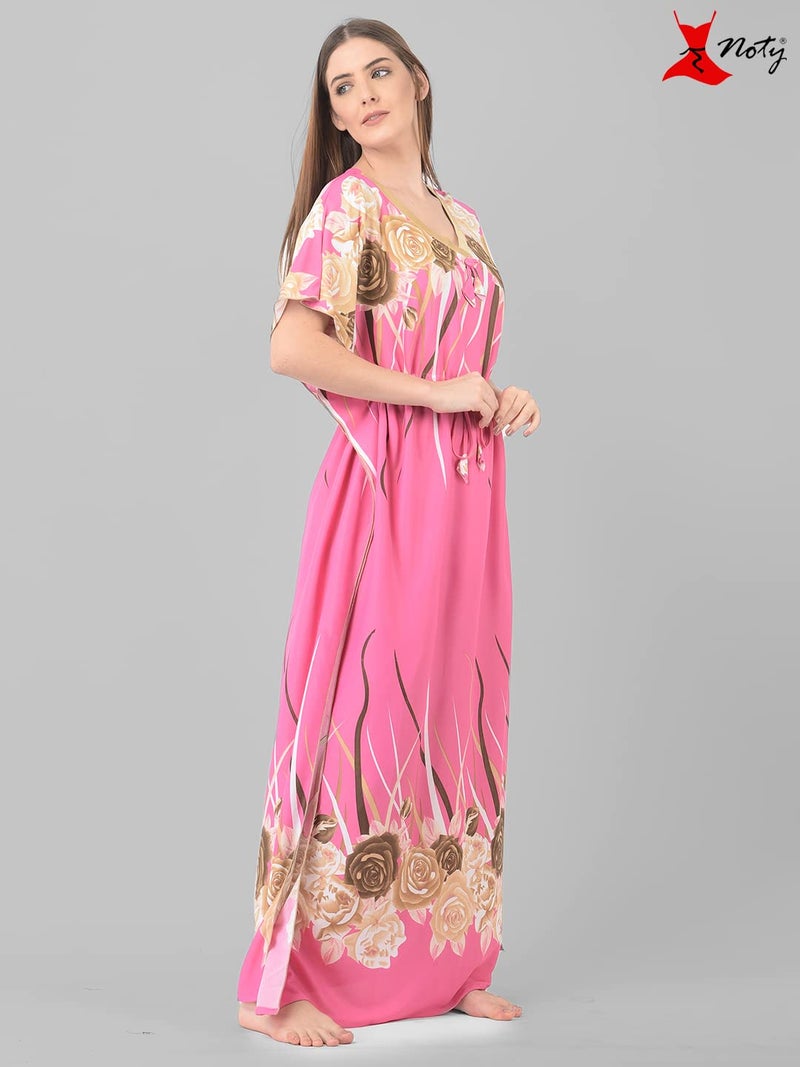 Noty Store Noty Satin Women's Kaftan Nighty | Floral Print Maxi | Sarena Fabric | Short Slevees Nightie | Nightgown For Girls & Women (Free Size, Flamingo Pink) - Image 2