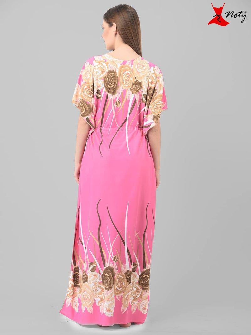 Noty Store Noty Satin Women's Kaftan Nighty | Floral Print Maxi | Sarena Fabric | Short Slevees Nightie | Nightgown For Girls & Women (Free Size, Flamingo Pink) - Image 4