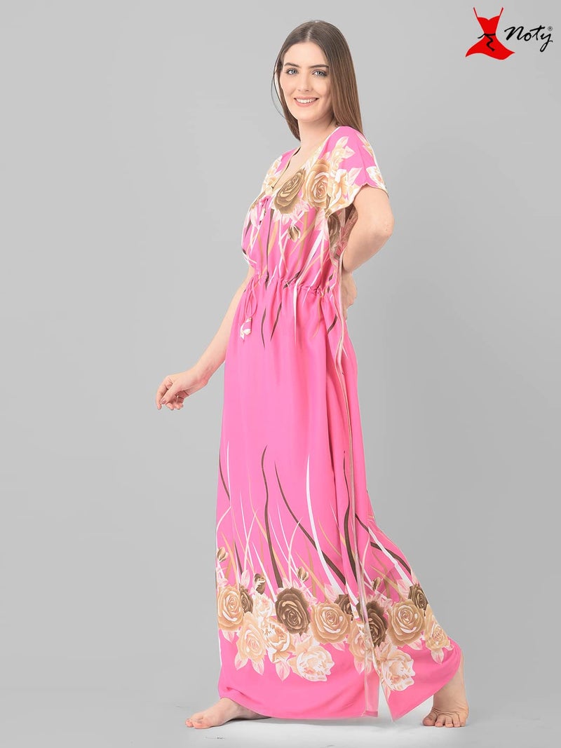 Noty Store Noty Satin Women's Kaftan Nighty | Floral Print Maxi | Sarena Fabric | Short Slevees Nightie | Nightgown For Girls & Women (Free Size, Flamingo Pink) - Image 3