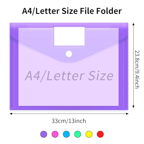 EOOUT 12pcs Plastic Envelopes Poly Envelopes, Hook & Loop Closure File Folders, A4 Size File Envelopes with Label Pocket for School and Office Supplies - Image 2